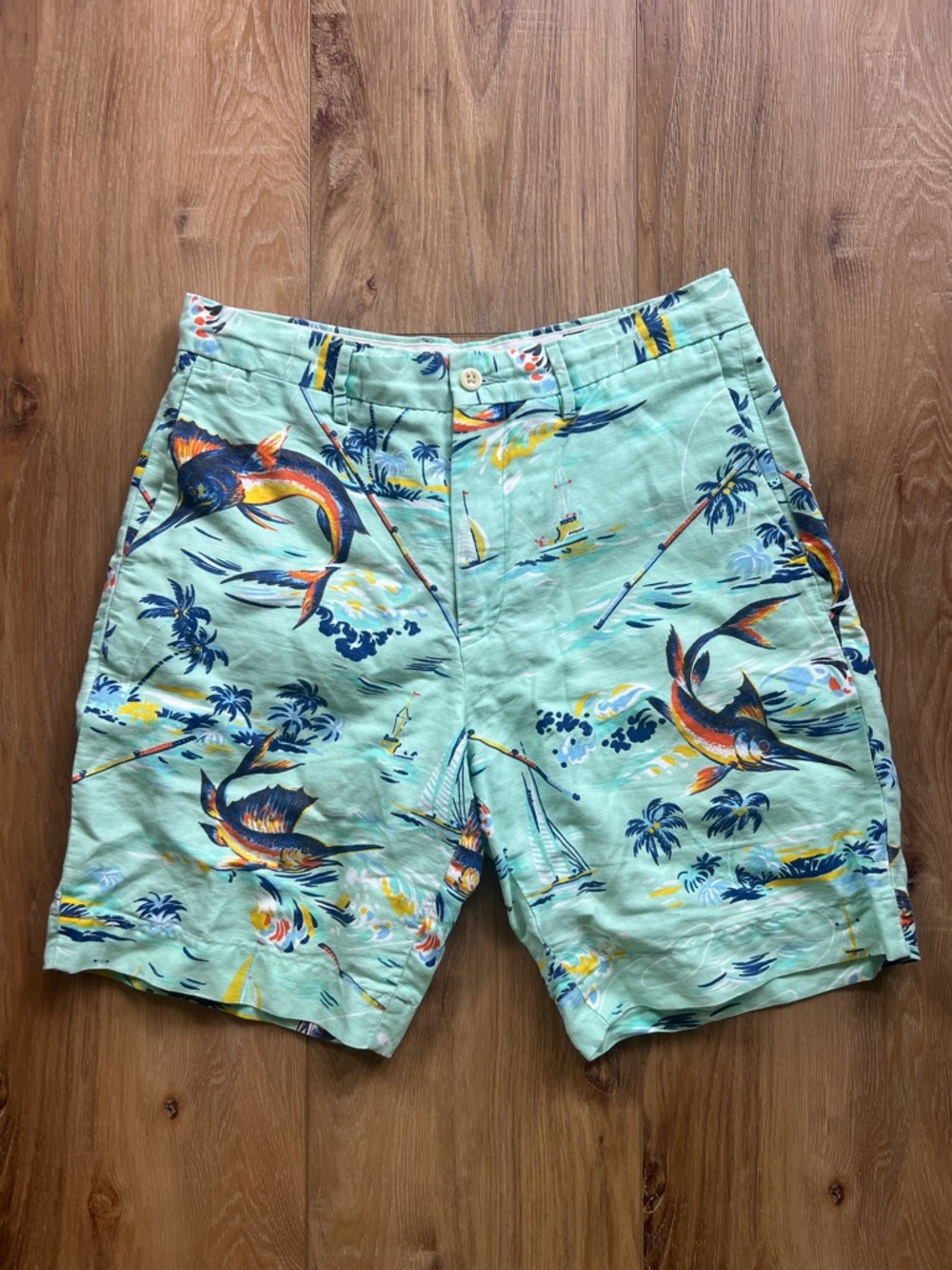 Polo Ralph Lauren Linen Blend Tropical Marlin Fish Print Shorts 30 Classic Fit